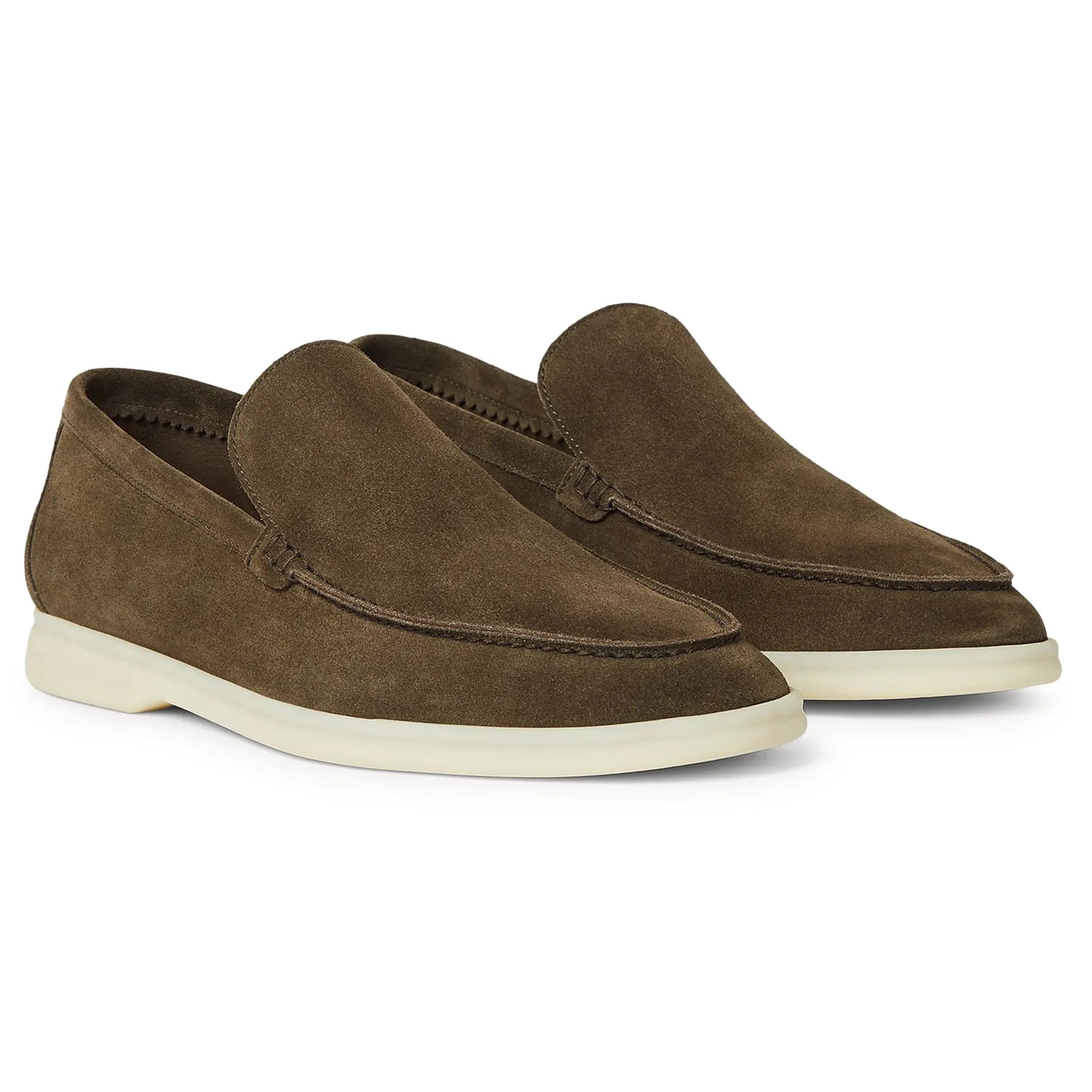 Front Side View of Loro Piana Summer Walk Suede Grey Moss Loafers FAE8124_M0XH